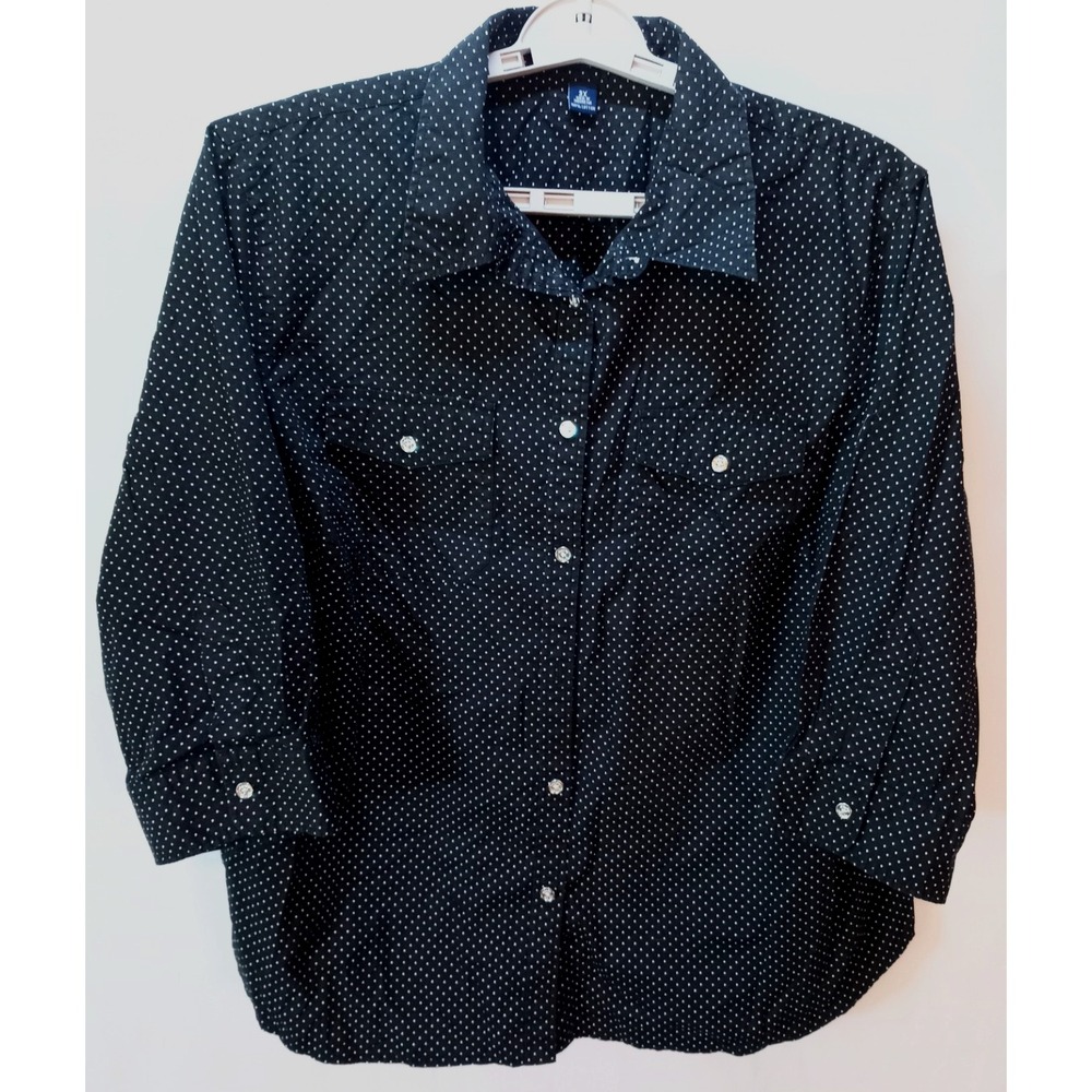 Chaps Button Up Women's Shirt Top, 3X, Black White Polka Dot